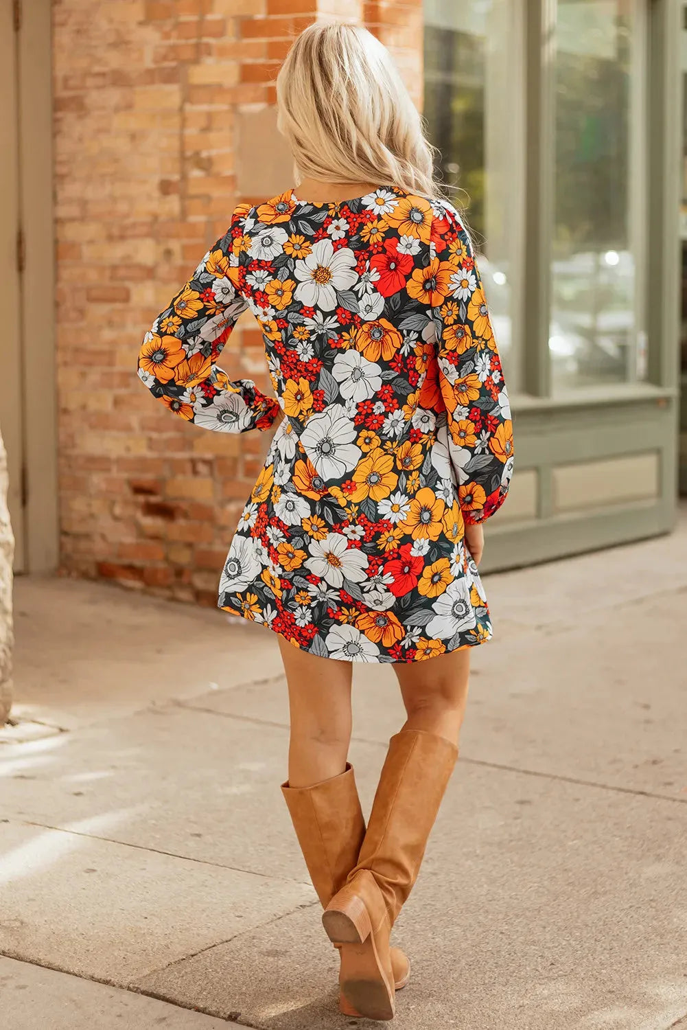 Orange floral and striped lace print V-neck mini dress with long sleeves