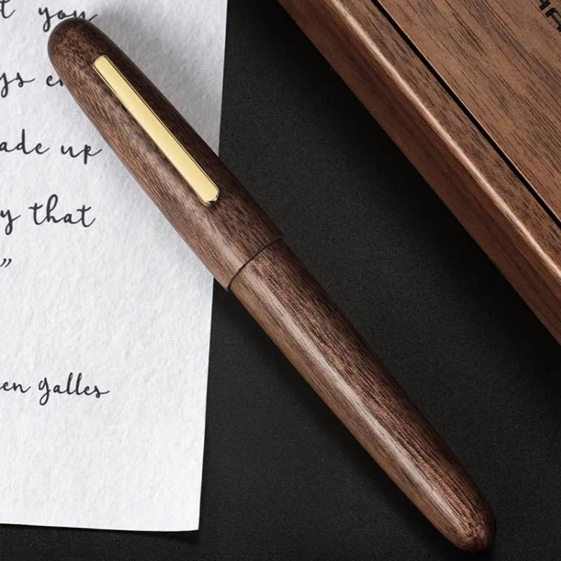 Wooden rotating cap pen with natural wood barrel and metal tip, business calligraphy pen
