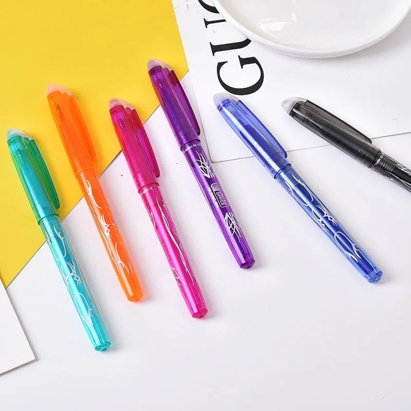 Set of hot erasable gel pens in multiple colours with plastic shells and choice of 0.5mm or 0.7mm stainless steel nibs.