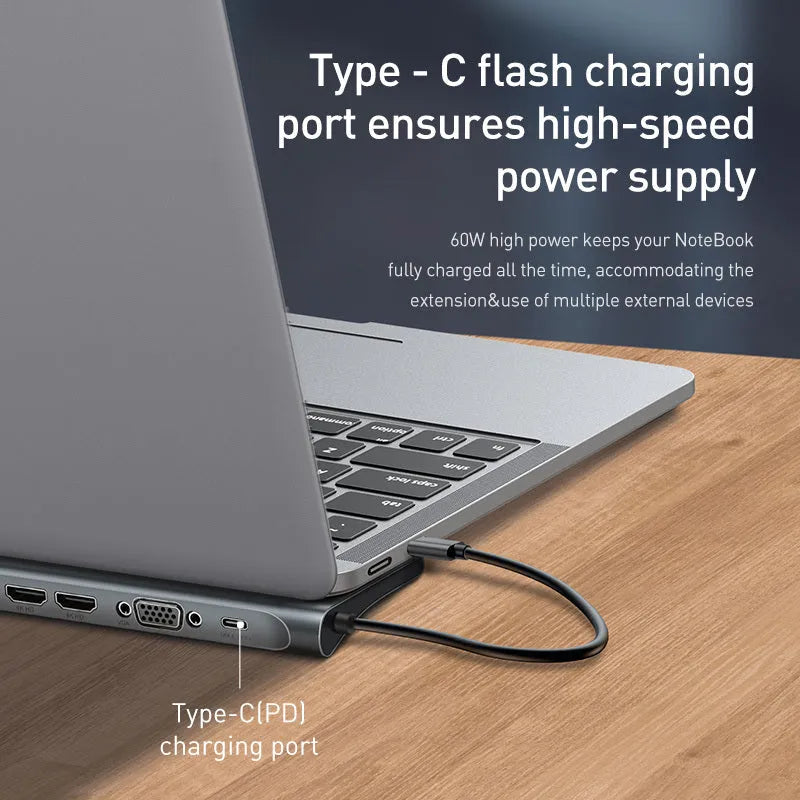 Grey aluminium USB C docking station with ten ports including HDMI, VGA, and Ethernet