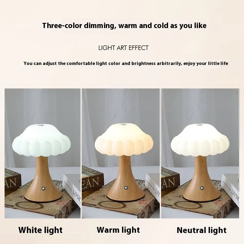 Mushroom-shaped touch control night lamp in wood grain colour on a table