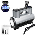 12V portable car inflatable air pump with digital display, ABS casing, LED light, and three air nozzles on a grey background
