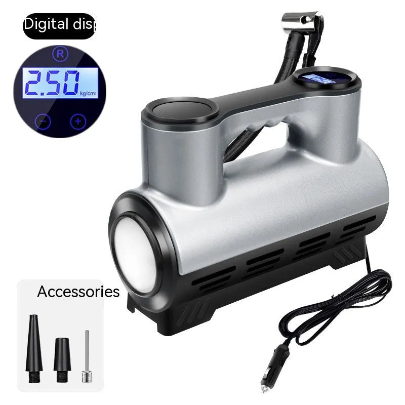 12V portable car inflatable air pump with digital display, ABS casing, LED light, and three air nozzles on a grey background