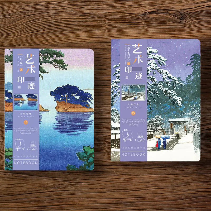 Ukiyo-e series hand ledger notebook with Kanagawa surfing village cover, 13.2 x 18.3 cm, open to show 100g Daolin paper.