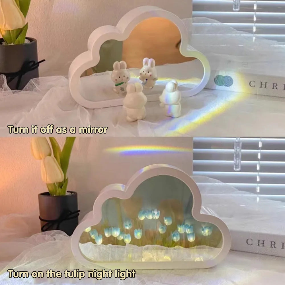 Tulip night lamp DIY kit with pink cloud tulip LEDs and mirror face on a desk