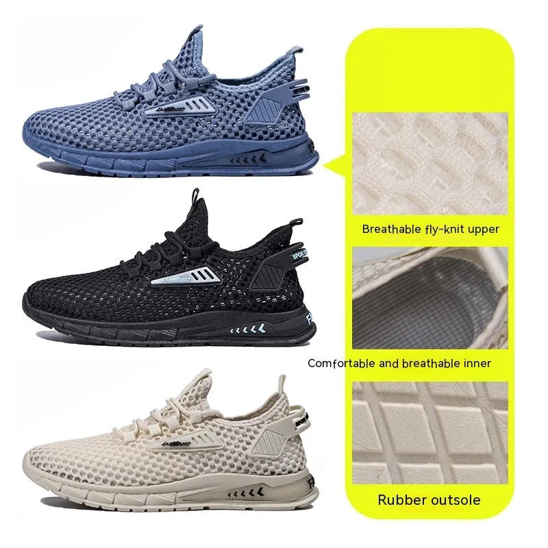 Men's beige mesh sneakers with synthetic leather upper and lace-up front on a white background