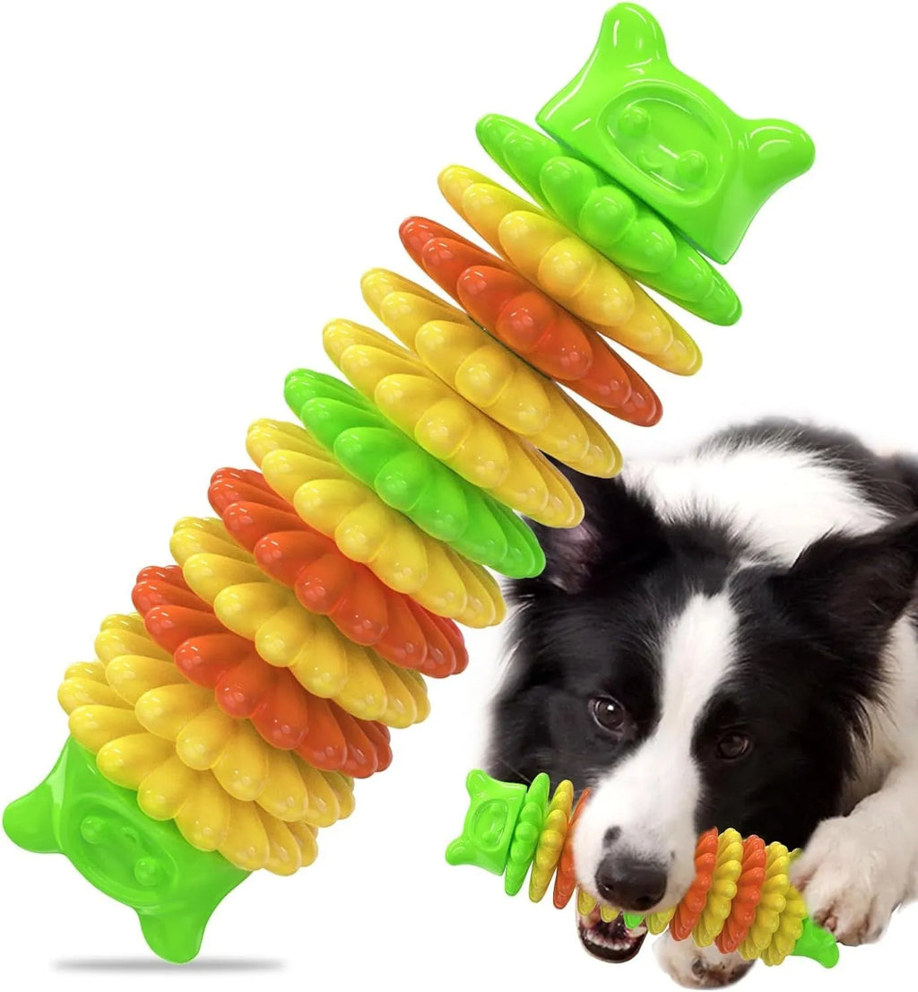 Blue caterpillar-shaped natural rubber dog chew toy for aggressive chewers.
