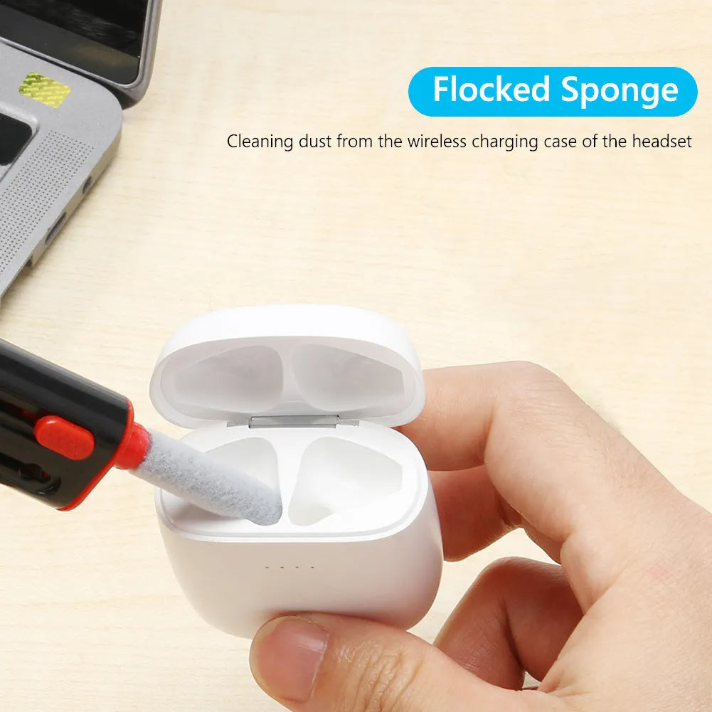 Cleaning pen for AirPods and Bluetooth earbuds with four heads including brush and sponge, in black and red colour