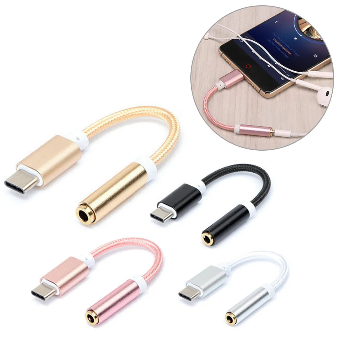 Black nylon-braided Type-C to 3.5mm female headphone adapter cable.