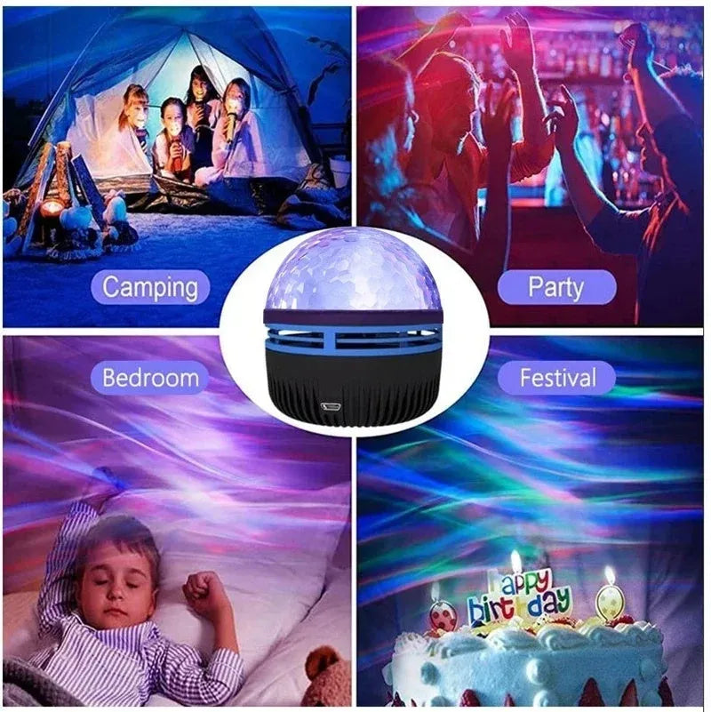 Compact LED galaxy projector night light with removable acrylic shade on a bedside table.