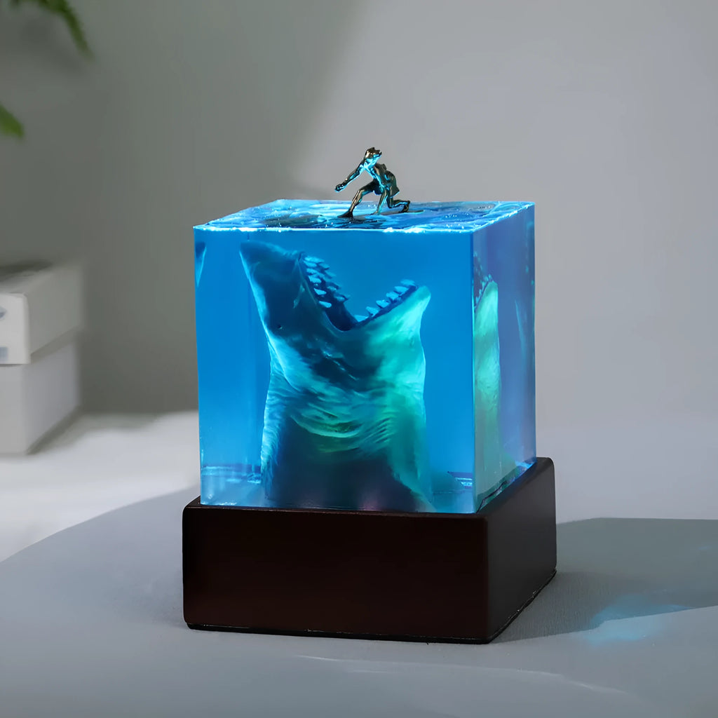 Ocean Shark Surfer micro landscape night light ornament, epoxy resin, 5cm or 8cm with lamp holder