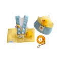Three-piece pet set with a dog harness and leash, a wire rope pulling toy, and a cute hat on a cat or small dog.