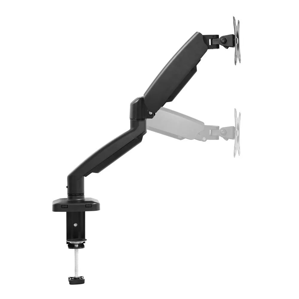 Black rotating telescopic LCD screen bracket elevated on table with monitor