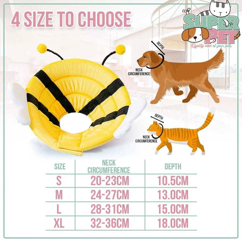 Soft white cat cone collar with black bee design and adjustable Velcro strap