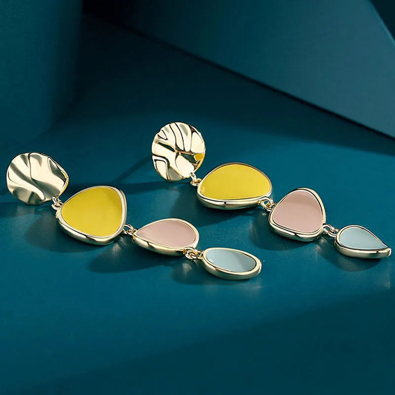 Morandi three-colour oil drip disc earrings with sterling silver needles on simple vintage wafer design