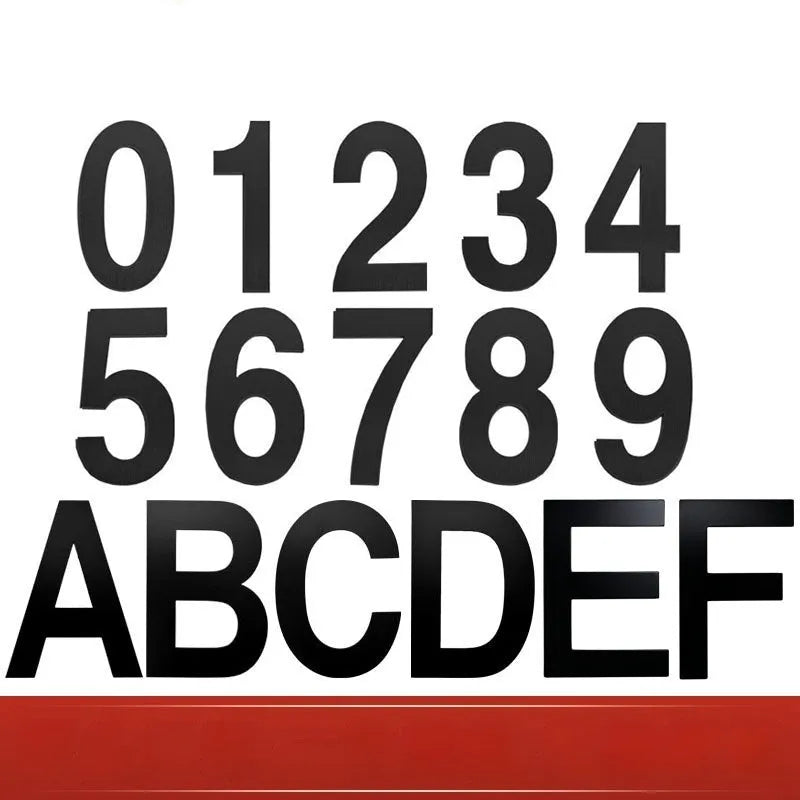 Black stainless steel adhesive house number sticker, 7.5cm tall, with raised digital font.