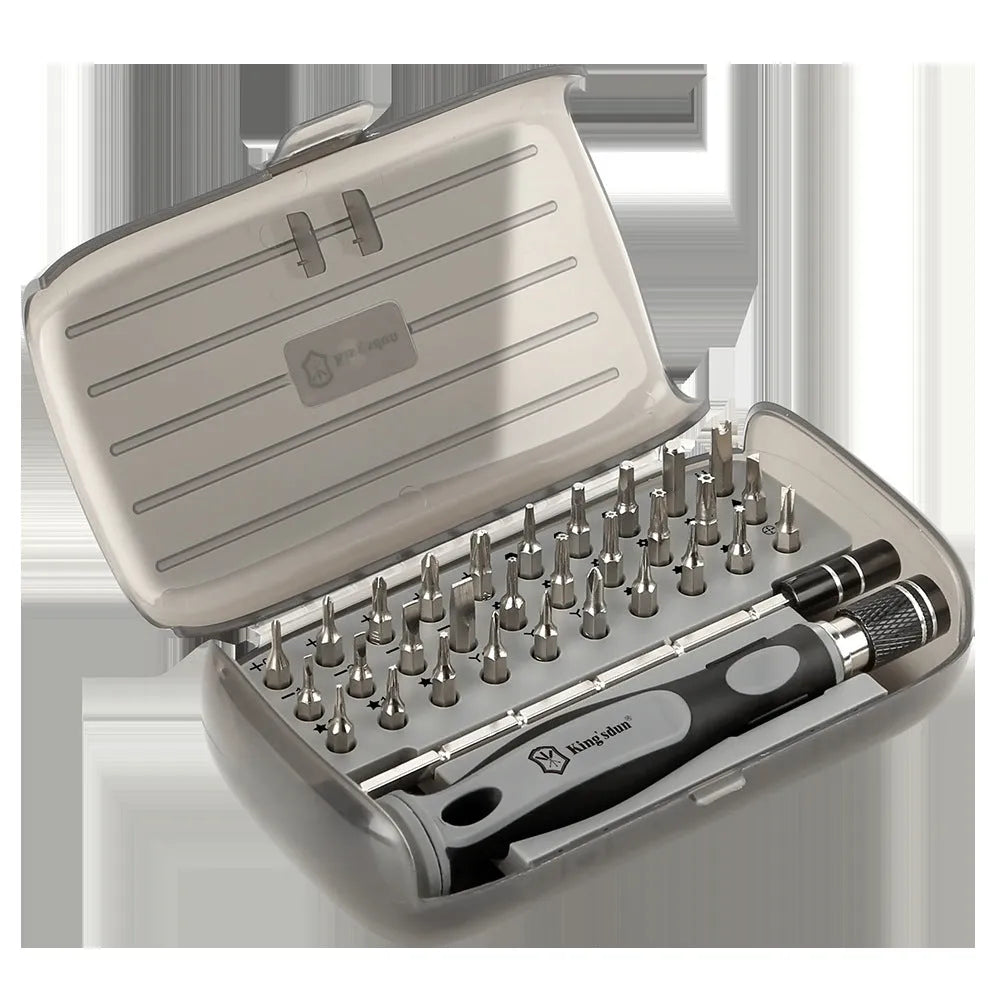 32-in-1 screwdriver set with 30 bits in a black plastic case and soft-grip handle for repairs.
