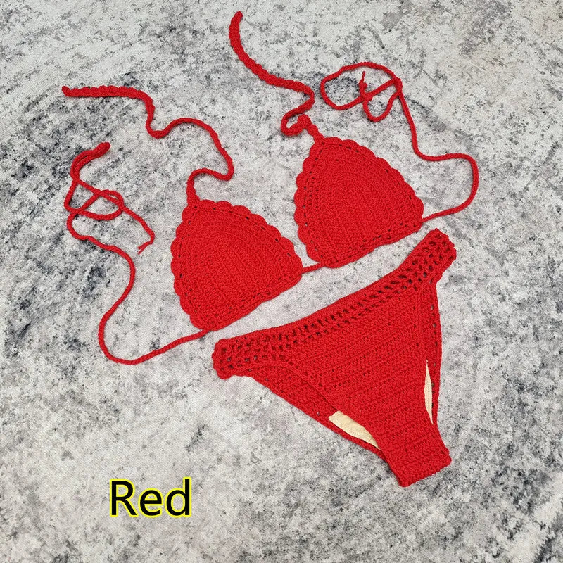 Women's 3-piece handmade crochet bikini beach skirt swimsuit set in solid colours