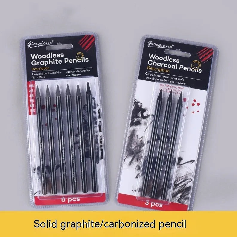 Set of nine graphite and carbonised wooden drawing pencils displayed on a suction card packaging.