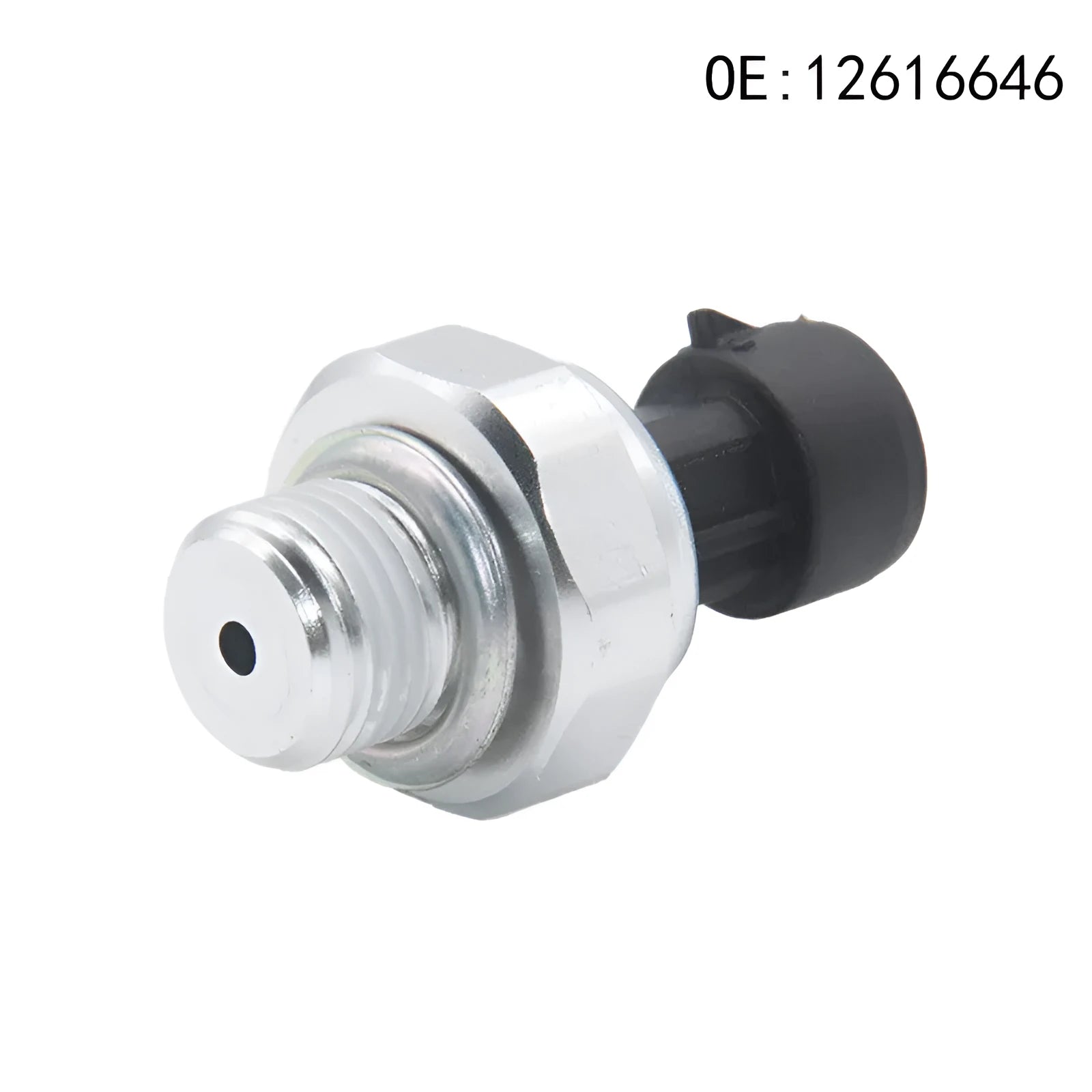 Silver metal automotive fuel pressure sensor for part numbers 12616646, 12677836, D1846A.