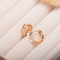 A pair of rose gold hollowed earrings with intricate leaf and heart shapes.