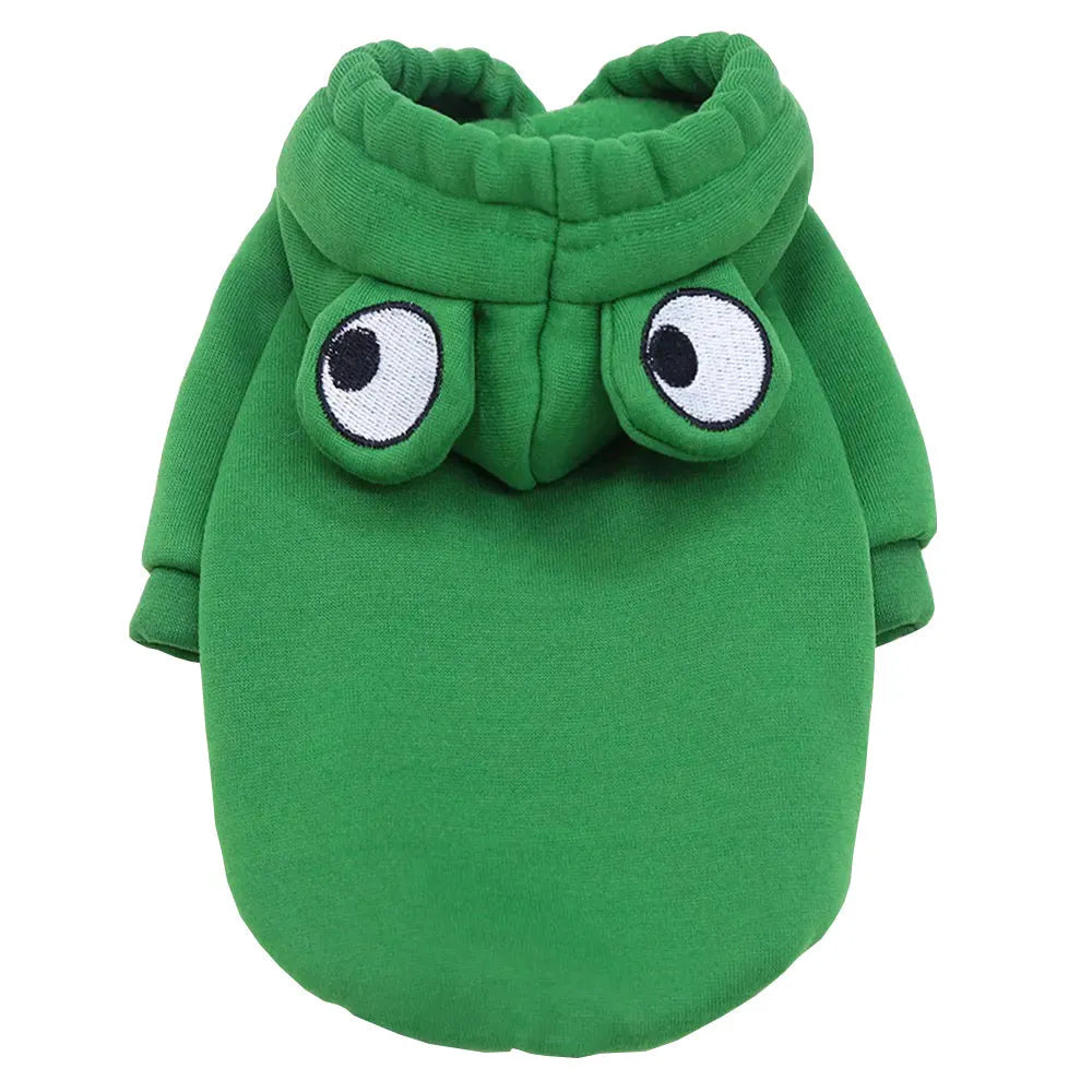 Green frog hoodie for small dogs and cats, lying on surface with front view