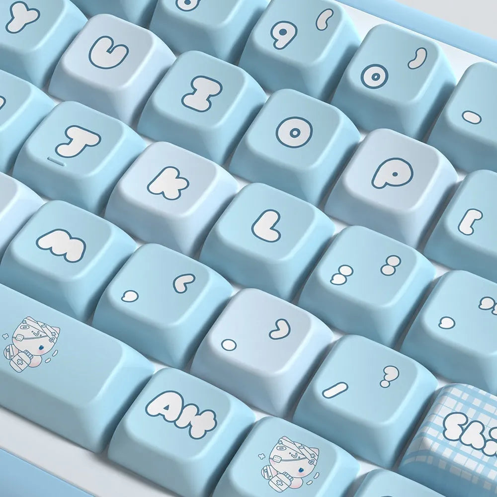 Watercolour kitten design custom PTB keycap set for mechanical keyboards, showing 138-key and 158-key options.