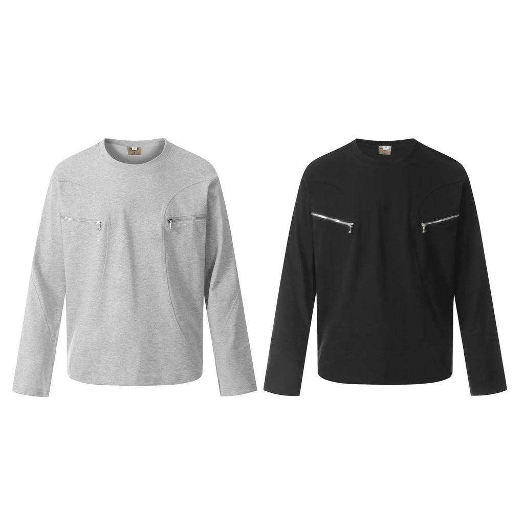 A loose-fitting long sleeve cotton pullover in grey, shown on a model for casual wear.
