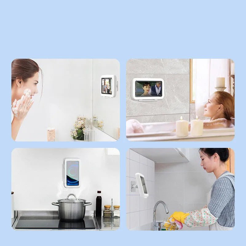 White waterproof phone holder mounted on shower tile with phone inside, showing touch screen.