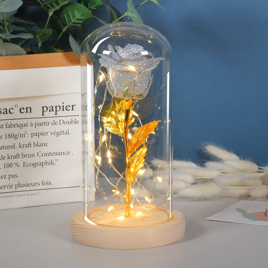Eternal rose in glass cover with warm white LED strip light, six colour options, Valentines gift