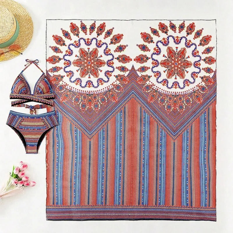Women's three-piece swimsuit set with cutout blouse, high-waist briefs and cover-up coat
