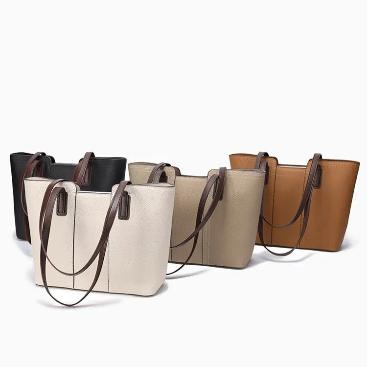 Genuine leather women's commuter shoulder bag in a box-type shape with a large capacity and sandwich pocket.