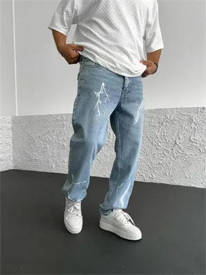 Men's blue straight-leg loose wide leg cotton denim trousers mid waist zip fly for teenagers