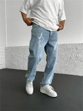 Men's blue straight-leg loose wide leg cotton denim trousers mid waist zip fly for teenagers