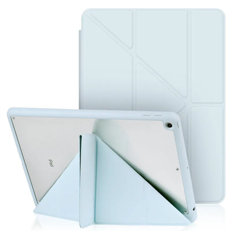 Acrylic Y folding imitation leather iPad case in dark grey, shown in both closed and standing bracket positions.