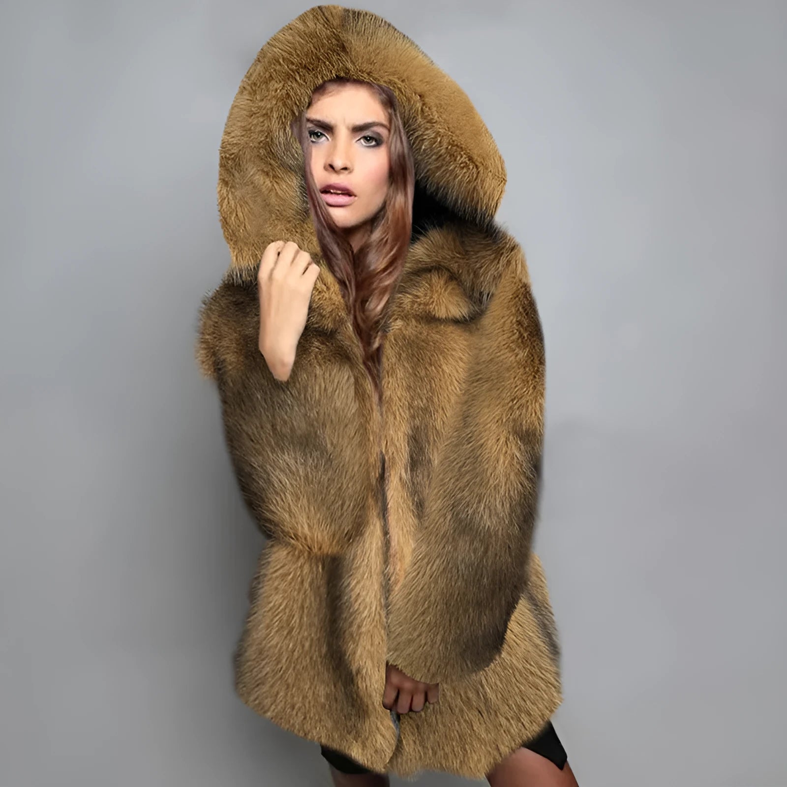 Silver grey women's loose-fit faux fur coat with regular sleeves, shown mid-length.