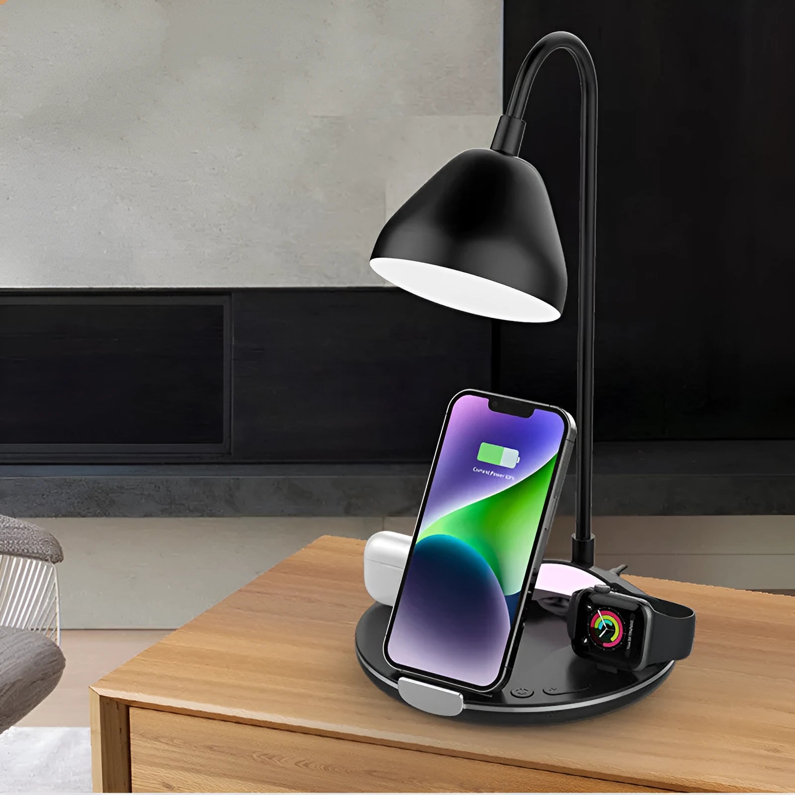 Black magnetic folding wireless charger shown open and closed, with integrated USB cable.