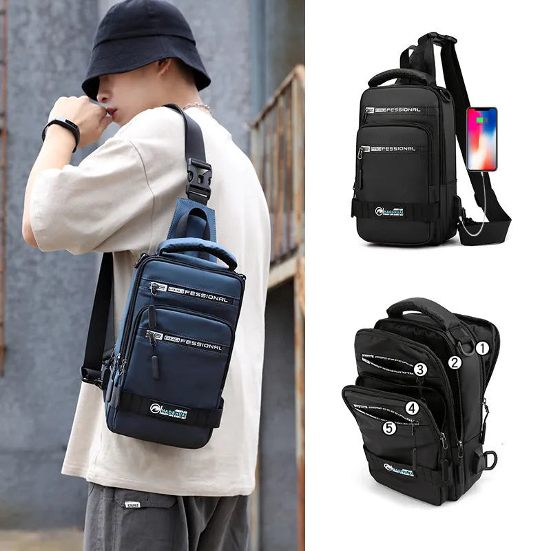 Multifunction nylon bag for men with USB charging port, medium square shape, in khaki colour