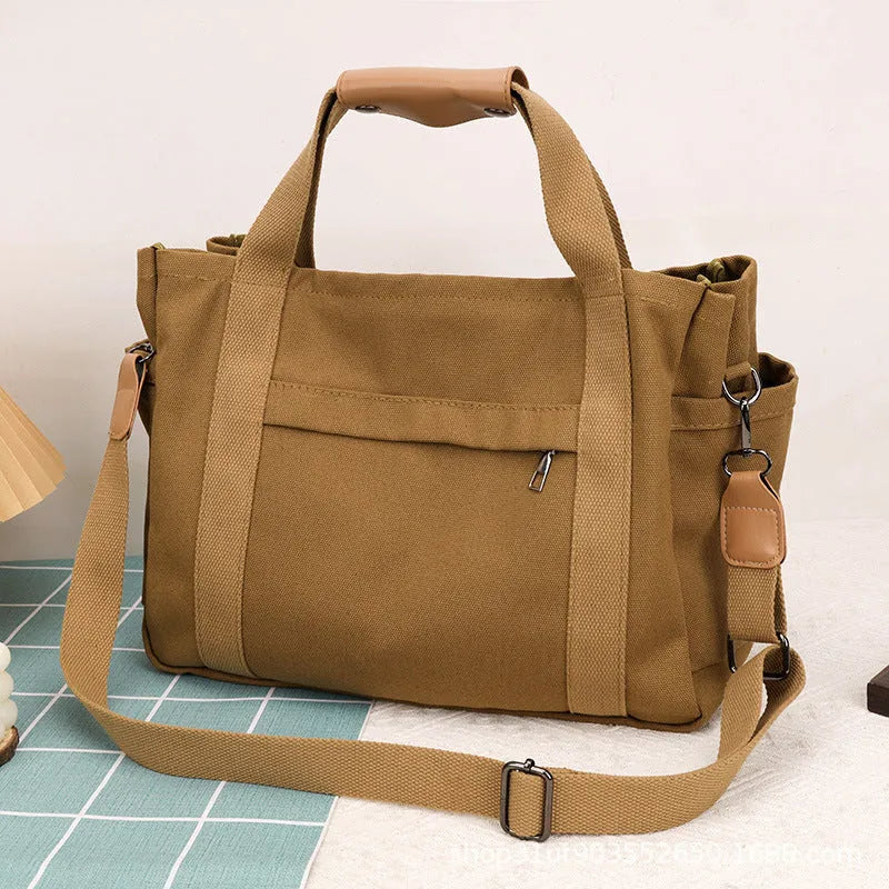 Large capacity canvas tote bag for women with zipper closure, horizontal square shape, in khaki colour