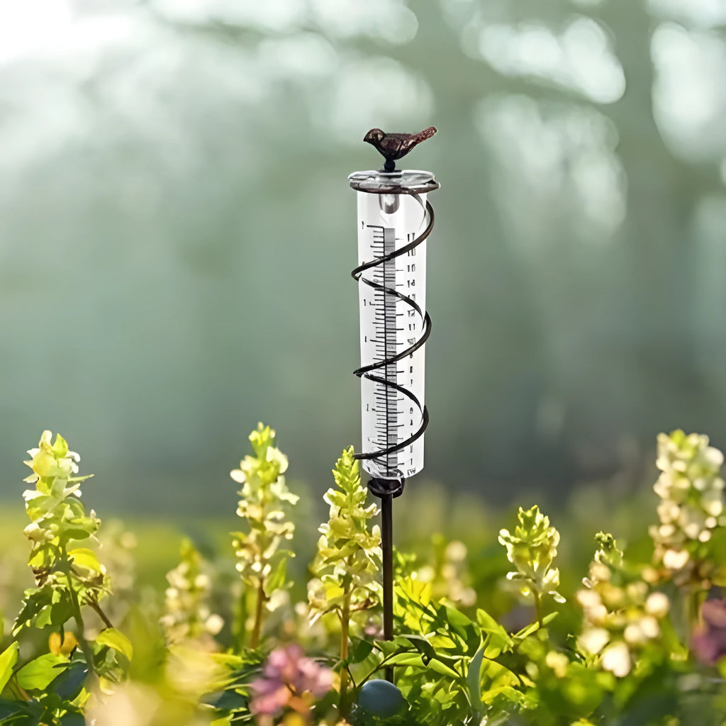 Cast iron outdoor rain gauge with glass tube showing 1-20 scale and 0-800ml capacity for garden lawn use