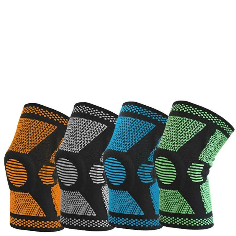 Sports fitness silicone spring knee pads in green, blue, white, and orange colours showing polyamide construction