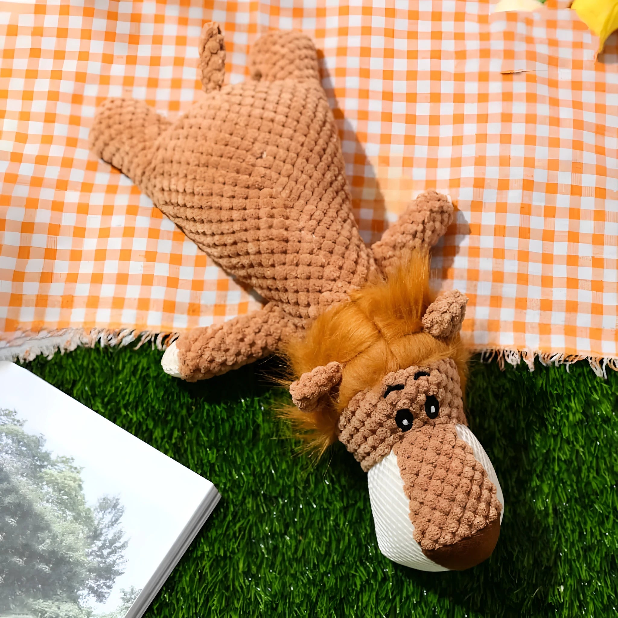 Plush corn cob dog toy in green with textured surface and squeaker for teeth cleaning