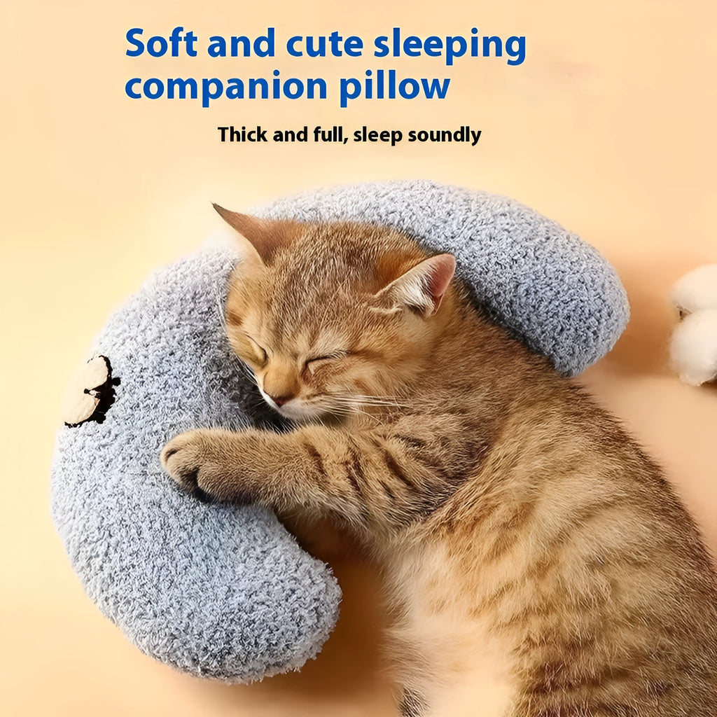 Pet sleeping mat with U-shaped pillow in moon or question mark design for cat neck protection