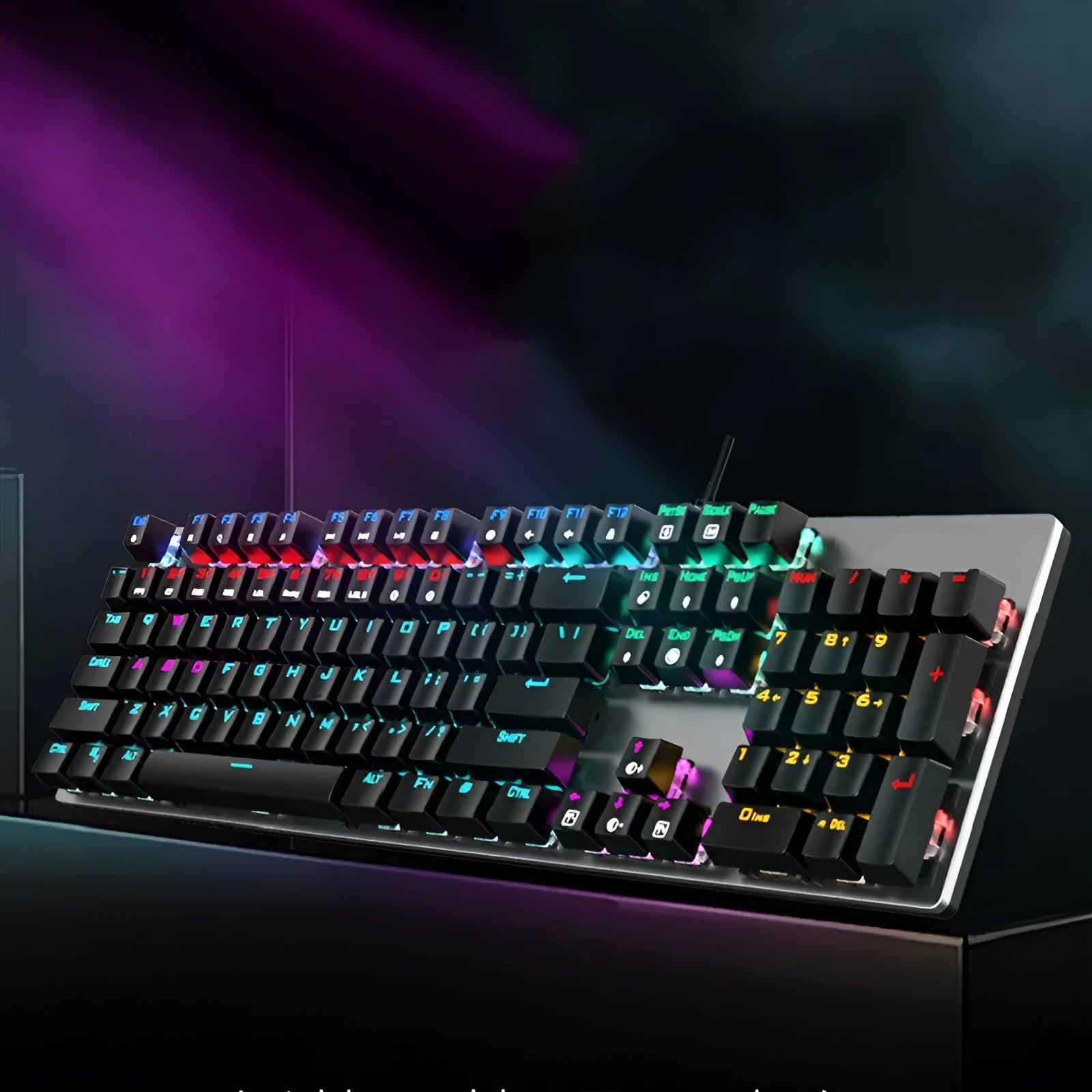 AOC GK410 mechanical keyboard with full 104-key layout and green axis switches on a desk.