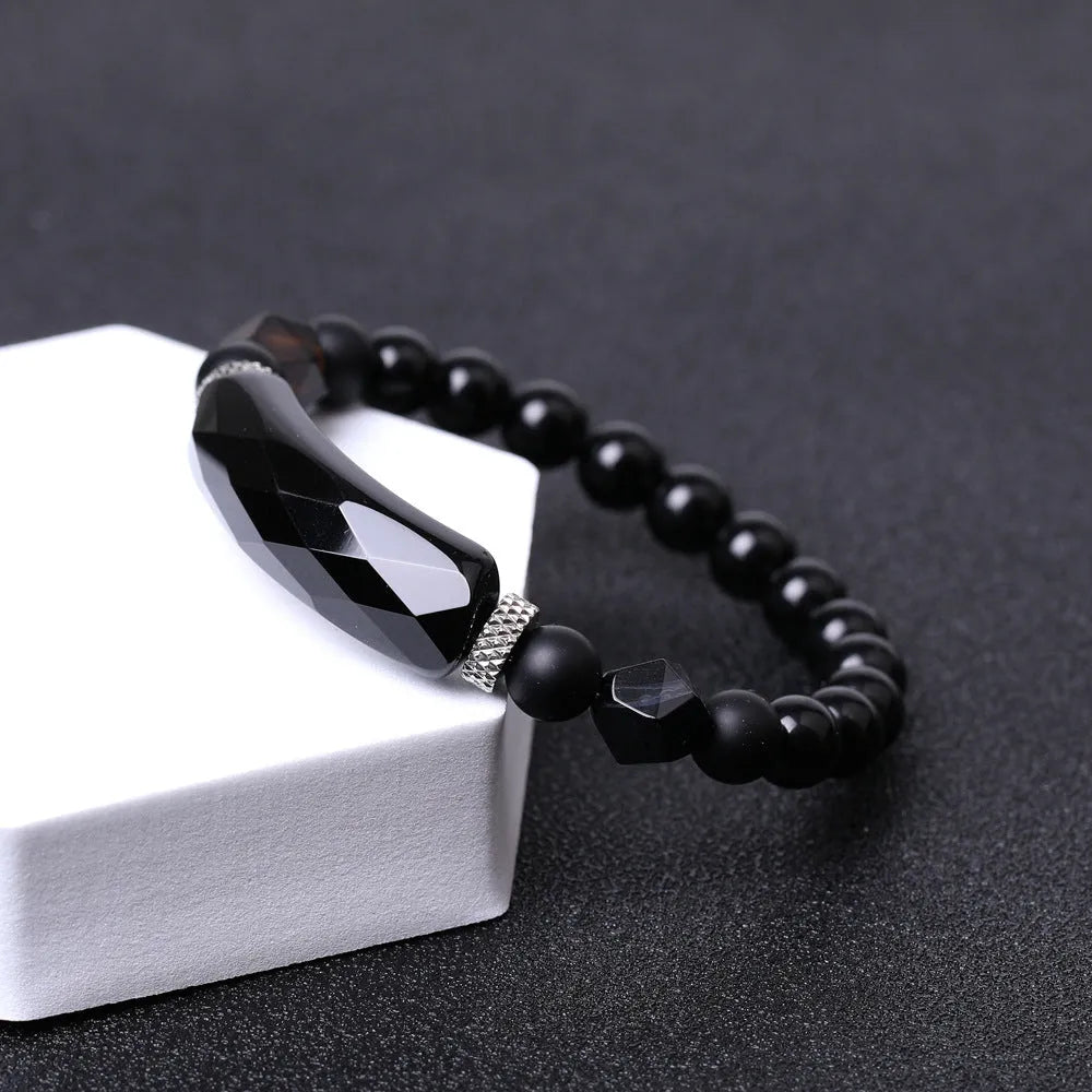 Handmade black agate diamond-shaped cut bracelet for women and men, unisex geometric fan-shaped style