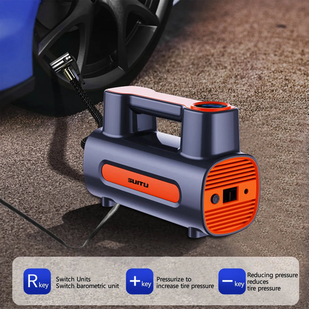 Cordless tyre inflator with digital display, ABS body, and USB charging port on a flat surface
