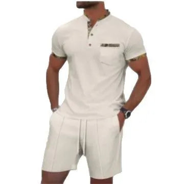 Men's grey sport suit with short sleeve polo collar top and matching shorts on mannequin