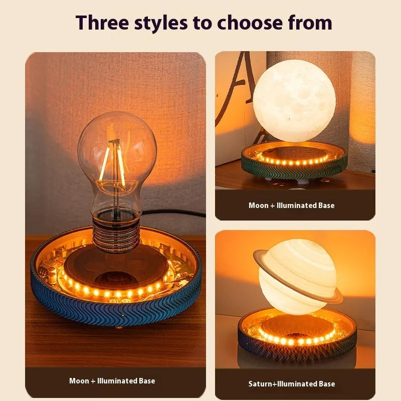 Magnetic levitating moon night lamp with 3D printed texture on a bedside table.