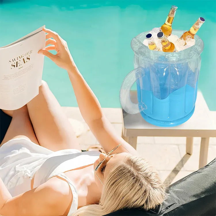 Yellow inflatable PVC ice bucket designed for beer steins cooling at outdoor events