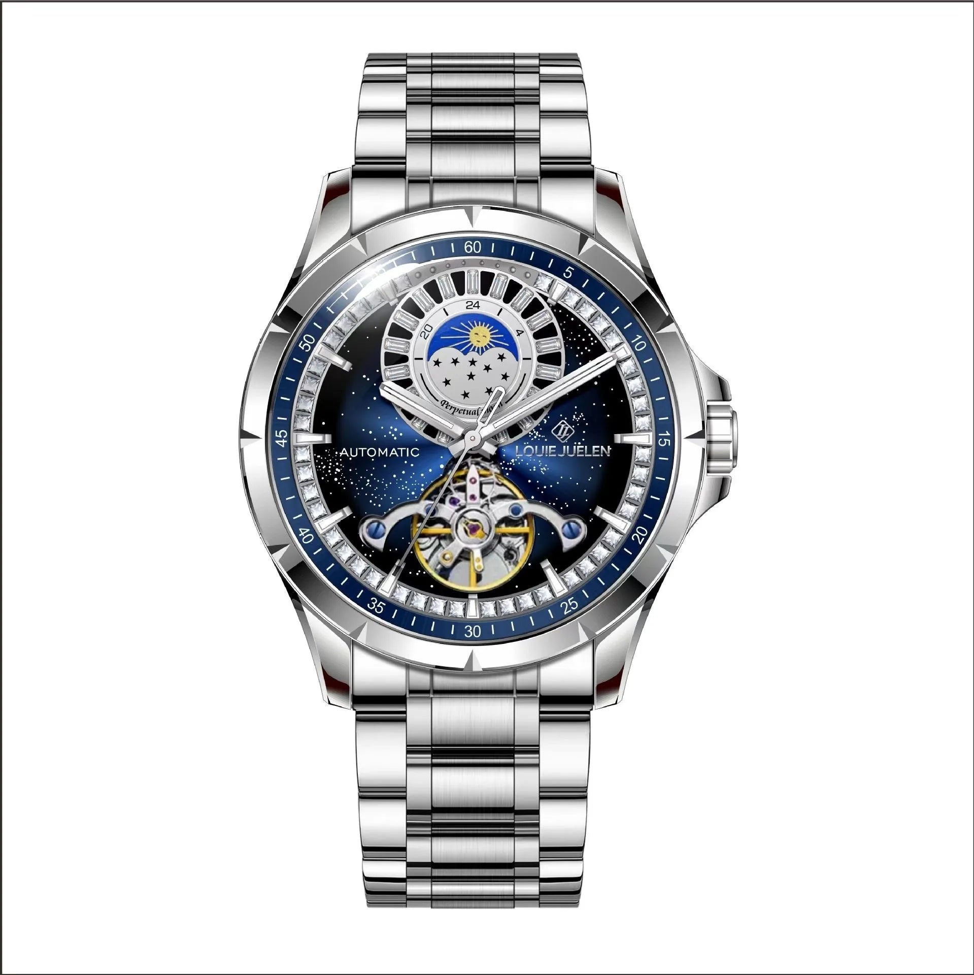 Silver alloy automatic mechanical watch with blue dial and stainless steel strap on wrist